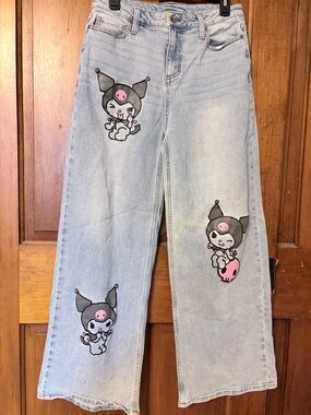 Light Wash Wide Leg Jeans with Cute Character Prints - Women's Flare